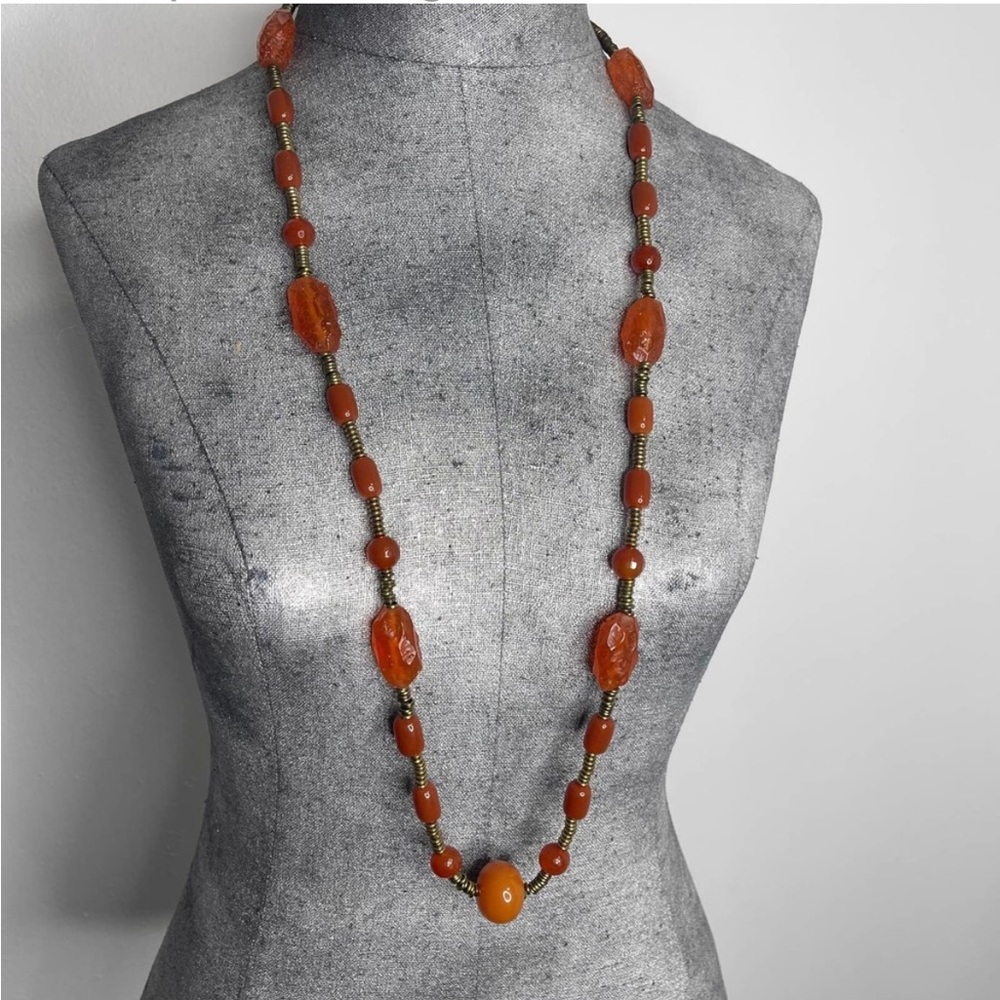 long beaded necklace Chico's signed jewelry burnished gold apricot faux stone